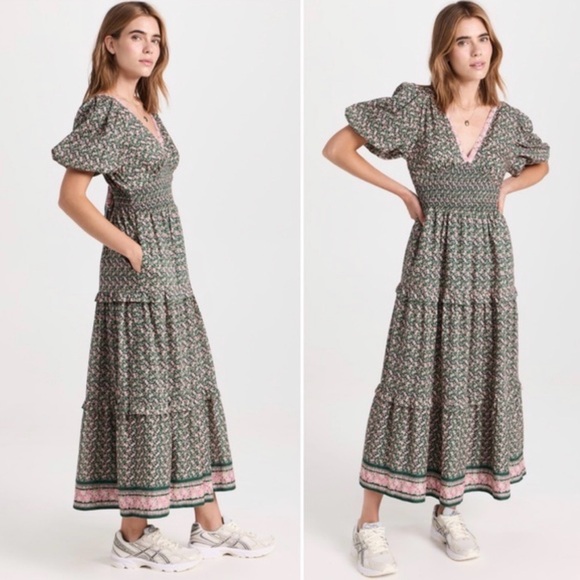 Trovata Nellie Sweet Melba Green Pink Lace Up Floral Midi A Line Dress XS - Picture 6 of 13